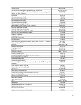 128
Norma Divina 58160129471
Normalización deproblemas en la economía (doméstica) 137142133914
Nos ponemos en la esfera de la Salvación Macro - para salvar el planeta
y todos los seres humanos
319817318
Obesidad 4812412
Objetos extraños en el oído 54321545
Objetos extraños, bronquios 5485432
Objetos extraños, esófago 14854321
Objetos extraños, estómago 8184321
Objetos extraños, tejido blando 148543297
Obtener Relaciones armoniosasen la familia 285555901
Oclusión dearterias mayores 8153213
Oclusión dearterias principales 815432151
Oclusión dela arteria central dela retina 514852178
Oclusión dela vena central de la retina 7777788
Oftalmia simpática 8185321
Oído General 1851432
Onfalocele(amniocele) 5143248
Opistorqutasis 5124542
Optimización desu trabajo en lo que debe prestar atención y a lo que no 419 814
Organizar bien el trabajo 719 418 71
Orgasmo 519411 819 148
Ornitosis (psittacosis) 5812435
Orquiepididimitis 818432151
Orzuelo 514854249
Osículos Auditivos 428 317 218 227
Osteítis fibrosa cística 5481412
Osteomielitis aguda hematógena del recién nacido 5141542
Osteomielitis dela mandíbula 5414214
Osteomielitis epifisaria 12345895
Osteomielitis traumática 514854221
Otematoma (Hematoma Auricular,Oreja en Forma de Coliflor,Oreja Del
Luchador)
4853121
Otitis (Externa, Media, Interna) 55184321
Otoantritis (mastoditiscrónica) 1844578
Otomicosis 514832188
Otosclerosis(otospongiosis) 4814851
Ovalocitosishereditaria(eliptocitosisHereditaria) 51454323
Ozaena (rinitisatrófica) 514854241
Palatosquisis(paladar partido) 5151515
Pancreatitis aguda 4881431
Pancreatitis crónica 5891432
Pánico 489314 _81961
Panoftalmia 5141588
Papiledema (edema del disco óptico) 145432152
Papilitisinterdental 5844522
Para abrir el Tercer ojo 881881881
Para armonizar el espacio Circundante 14888948
 
