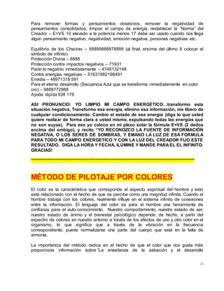 23
Para remover formas y pensamientos obsesivos, remover la negatividad de
pensamientos consolidados, limpiar el campo de energía, restablecer la “Norma” del
Creador – E=VS 10 elevado a la potencia menos 17 debe ser usado cuando nos llega
algún pensamiento negativo, negatividad, emoción negativa, personas negativas etc.
Equilibrio de los Chacras – 88889888878888 (al final, encima del último 8 colocar el
símbolo de infinito)
Protección Divina – 8888
Protección contra impactos negativos – 71931
Parar lo negativo inmediatamente – 4748132148
Contra energías negativas – 51631982198491
Envidia – 48971318 591
Para el eterno desarrollo (Secuencia Azul que se transforma inmediatamente en color
oro) – 9888772988
Ayuda rápida 938 179
ASI PRONUNCIO: YO LIMPIO MI CAMPO ENERGÉTICO…transformo esta
situación negativa, Transformo esa energía, elimino esa información, me libero de
cualquier condicionamiento. Cambio el estado de esa energía (diga lo que usted
quiere realizar de forma clara a usted mismo, expulsando todas las energías que
no son suyas). Para eso yo coloco en mi plexo solar la fórmula E=VS (2 dedos
encima del ombigo), y recito “YO RECONOZCO LA FUENTE DE INFORMACIÓN
NEGATIVA, O LOS SERES DE SOMBRAS, Y EMANO LA LUZ DE ESA FORMULA
PARA TODO MI CAMPO ENERGETICO Y CON LA LUZ DEL CREADOR FIJO ESTE
RESULTADO. DIGA LA HORA Y FECHA, ILUMINE Y MANDE PARA EL EL INFINITO.
GRACIAS!
***************************************************************************************************
MÉTODO DE PILOTAJE POR COLORES
El color es la característica que corresponde al aspecto espiritual del hombre y esto
está relacionado con el hecho de que se percibe como una magnitud infinita. Cuando el
hombre trabaja con los colores, realmente influye en el sistema infinito de conexiones
entre la información. El lenguaje del color es para el hombre una herramienta de
confianza para el auto-conocimiento. Nuestro comportamiento, nuestro estado de ser,
nuestro estado de ánimo y el bienestar psicológico depende, de hecho, a partir del
espectro de colores en nuestro entorno a través de los efectos de uno y otro color en el
organismo, lo que significa que a través de la vibración en la frecuencia
correspondiente, puede normalizarse una parte del cuerpo que está en la falta de
armonía.
La importancia del método radica en el hecho de que el color que nos gusta más
proporciona información sobre “La enseñanza de la salvación y el desarrollo
 