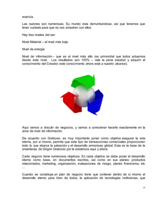 28
avaricia.
Las razones son numerosas. Su mundo esta derrumbandose, así que tenemos que
tener cuidado para que no nos arrastren con ellos
Hay tres niveles del ser:
Nivel Material – el nivel más bajo
Nivel de energía
Nivel de información – que es el nivel más alto (es primordial que todos actuemos
desde este nivel. Los resultados son 100% – vale la pena estudiar y adquirir el
conocimiento del Creador, este conocimiento ahora está a nuestro alcance).
Aqui vamos a discutir de negocios, y vamos a considerar hacerlo exactamente en la
zona de nivel de información.
De acuerdo con Grabovoi, es muy importante poner como objetivo asegurar la vida
eterna, por sí mismo, permite que este tipo de transacciones comerciales proporcionen
todo lo que abarca la salvación y el desarrollo armonioso global. Esta es la base de la
enseñanza de Grigori Grabovoi por la existencia aquí y ahora.
Cada negocio tiene numerosos objetivos. En cada objetivo se debe poner el desarrollo
eterno como base, en documentos escritos, así como en sus planes: productos
relacionados, marketing, organización, evaluaciones de riesgo, planes financieros, etc
…
Cuando se constituye un plan de negocio tiene que contener dentro de sí mismo el
desarrollo eterno para bien de todos, la aplicación de tecnologías inofensivas, que
 