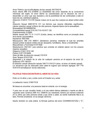 93
Amor Tántrico (por la dificultades de tipo sexual) 491754218
Amor eterno 888 912 818848 La durabilidad del amor depende de la consciencia
individual del sujeto. El amor eterno es caracterizado por la decisión de vivir y
desarrollar un amor que sea duradero y de la posibilidad de dar continuidad a este en
base de una viabilidad subjetiva.
Atracción 314819 719 579 (fuerza mutua con la que dos cuerpos se atraen entren entre
sí)
Atracción Sexual 498516719 311 (un término que resume diferentes significados,
intenso atractivo sexual al físico de otra persona, Aspecto básico de la sensualidad.
Bisexualidad 591488989784
Compatibilidad sexual 519 318 719 418 917 128
Enamoramiento 515889
Instinto sexual 548 711 9 1 8 211 (Libido, deseo, se identifica como un concepto clave
de la teoría psicoanalítica.
Impotencia 8851464
Masoquismo 389 216 489011 ((tendencia perversa mediante el cual los amantes
desean probar el placer erótico de ser abusados, humillados, física y moralmente)
Masculinidad y Feminidad 51471828
Masturbación 0021421 (una práctica que consiste en obtener placer con los propios
órganos sexuales)
Orgasmo 519411 819 148
Pasión 318717918489
Sexo (la falta de atracción sexual) 519 916
Sexo Terapia 819 91728
Seguridad y el estado de la vida de cualquier persona en el espacio de amor (G.
Grabovoi) 975 198 931
El atractivo sexual (atracción sexual) 548 711 918 211 (eros, el amor, el instinto sexual)
La secuencia que es adecuado para usted le sugiero que siempre agregue: 591 718
9181419 normalización de las relaciones
PILOTAJE PARA ENCONTRAR EL AMOR DE SU VIDA
Entro en mi alma y veo y actúo como el Creador ve y actúa
La salvación macro 319817318
Mi deseo es encontrar a la persona ideal en sintonía con mi energía.
Y para eso es que visualizo frente a mí una esfera blanca plateada e inserto en ella la
siguiente serie numérica 888 412 1289018 (va insertando número por número sintiendo
en su alma que esta persona existe y que viene a usted, se siente realmente feliz a su
lado. Permita envolverse en la energía del Amor.
Inserto también en esta esfera la fórmula química del amor C43H66N12O12S2 ( “C”,
 