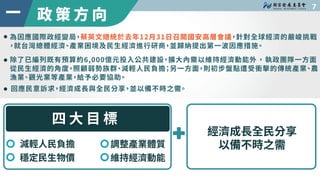 四 大 目 標
減輕人民負擔 調整產業體質
穩定民生物價 維持經濟動能
政 策 方 向

一
經濟成長全民分享
以備不時之需
為因應國際政經變局，蔡英文總統於去年��月��日召開國安高層會議，針對全球經濟的嚴峻挑戰
，就台灣總體經濟、產業困境及...