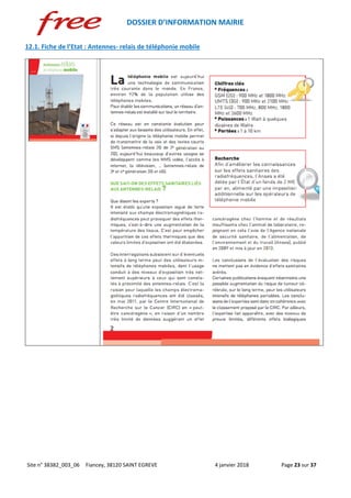 DOSSIER D’INFORMATION MAIRIE
Site n° 38382_003_06 Fiancey, 38120 SAINT EGREVE 4 janvier 2018 Page 23 sur 37
12.1. Fiche de l’Etat : Antennes- relais de téléphonie mobile
 