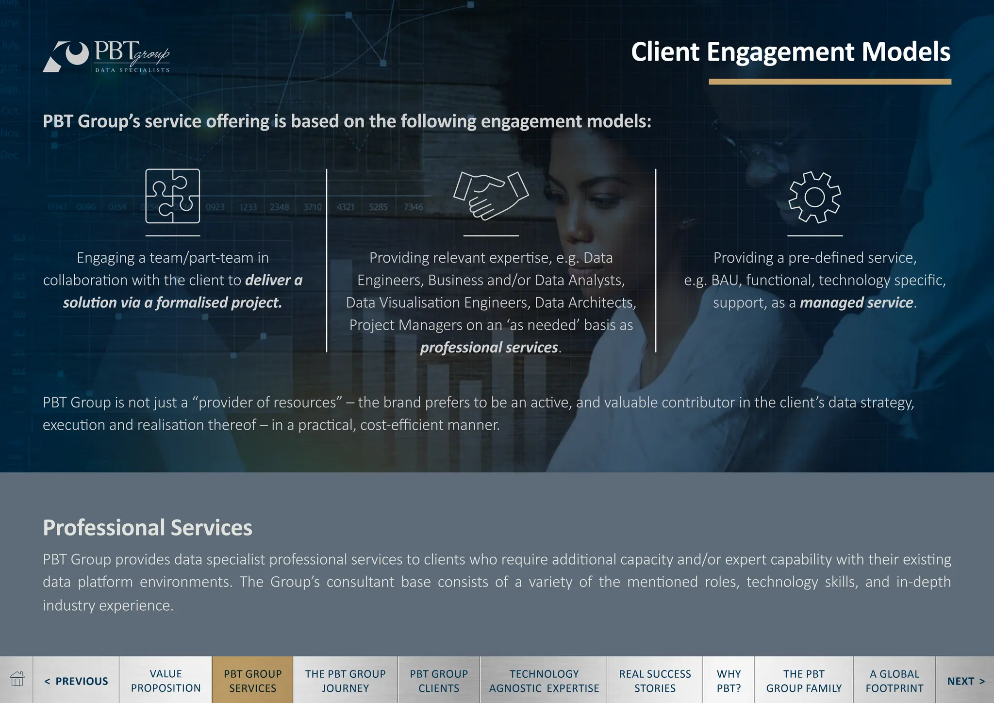 < PREVIOUS NEXT >
TECHNOLOGY
AGNOSTIC EXPERTISE
REAL SUCCESS
STORIES
WHY
PBT?
THE PBT
GROUP FAMILY
A GLOBAL
FOOTPRINT
VALUE
PROPOSITION
PBT GROUP
SERVICES
THE PBT GROUP
JOURNEY
PBT GROUP
CLIENTS
Client Engagement Models
PBT Group’s service offering is based on the following engagement models:
PBT Group is not just a “provider of resources” – the brand prefers to be an active, and valuable contributor in the client’s data strategy,
execution and realisation thereof – in a practical, cost-efficient manner.
Professional Services
PBT Group provides data specialist professional services to clients who require additional capacity and/or expert capability with their existing
data platform environments. The Group’s consultant base consists of a variety of the mentioned roles, technology skills, and in-depth
industry experience.
Providing relevant expertise, e.g. Data
Engineers, Business and/or Data Analysts,
Data Visualisation Engineers, Data Architects,
Project Managers on an ‘as needed’ basis as
professional services.
Engaging a team/part-team in
collaboration with the client to deliver a
solution via a formalised project.
Providing a pre-defined service,
e.g. BAU, functional, technology specific,
support, as a managed service.
 