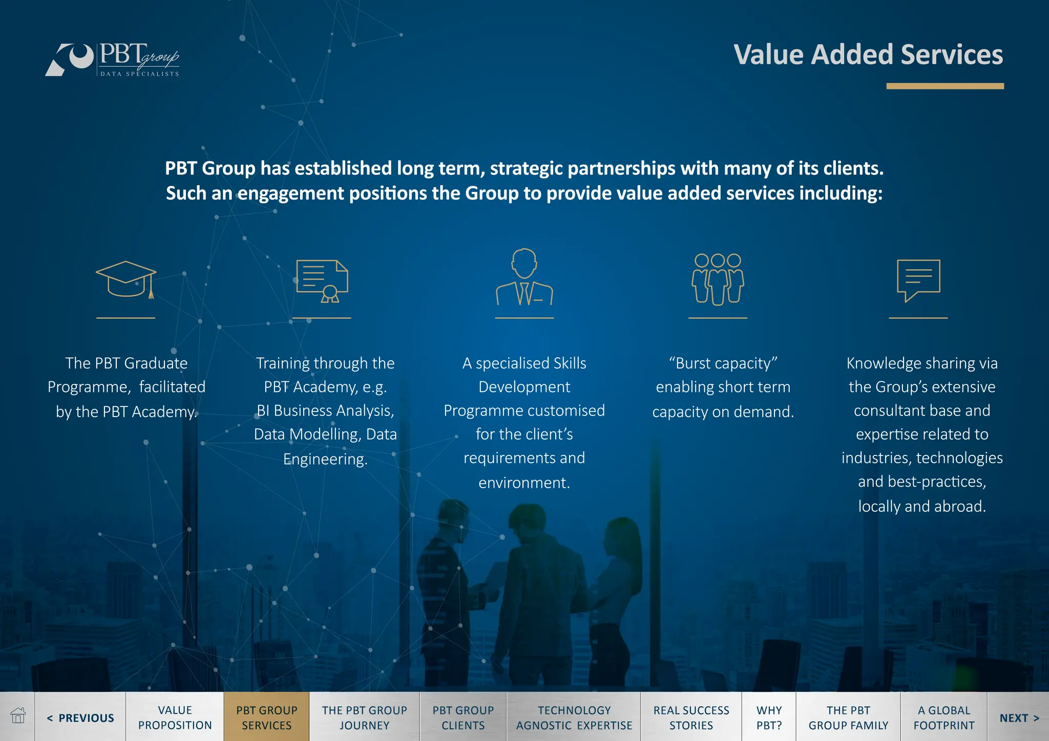 < PREVIOUS NEXT >
TECHNOLOGY
AGNOSTIC EXPERTISE
REAL SUCCESS
STORIES
WHY
PBT?
THE PBT
GROUP FAMILY
A GLOBAL
FOOTPRINT
VALUE
PROPOSITION
PBT GROUP
SERVICES
THE PBT GROUP
JOURNEY
PBT GROUP
CLIENTS
Value Added Services
PBT Group has established long term, strategic partnerships with many of its clients.
Such an engagement positions the Group to provide value added services including:
The PBT Graduate
Programme, facilitated
by the PBT Academy.
Training through the
PBT Academy, e.g.
BI Business Analysis,
Data Modelling, Data
Engineering.
A specialised Skills
Development
Programme customised
for the client’s
requirements and
environment.
“Burst capacity”
enabling short term
capacity on demand.
Knowledge sharing via
the Group’s extensive
consultant base and
expertise related to
industries, technologies
and best-practices,
locally and abroad.
 