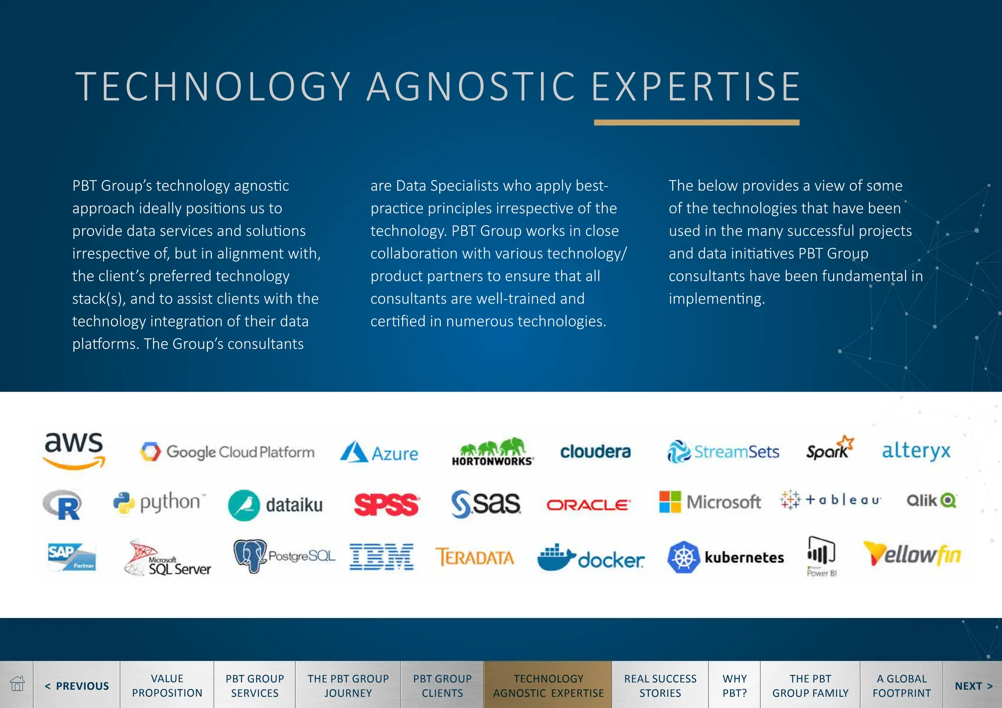 < PREVIOUS NEXT >
TECHNOLOGY
AGNOSTIC EXPERTISE
REAL SUCCESS
STORIES
WHY
PBT?
THE PBT
GROUP FAMILY
A GLOBAL
FOOTPRINT
VALUE
PROPOSITION
PBT GROUP
SERVICES
THE PBT GROUP
JOURNEY
PBT GROUP
CLIENTS
TECHNOLOGY AGNOSTIC EXPERTISE
PBT Group’s technology agnostic
approach ideally positions us to
provide data services and solutions
irrespective of, but in alignment with,
the client’s preferred technology
stack(s), and to assist clients with the
technology integration of their data
platforms. The Group’s consultants
are Data Specialists who apply best-
practice principles irrespective of the
technology. PBT Group works in close
collaboration with various technology/
product partners to ensure that all
consultants are well-trained and
certified in numerous technologies.
The below provides a view of some
of the technologies that have been
used in the many successful projects
and data initiatives PBT Group
consultants have been fundamental in
implementing.
 