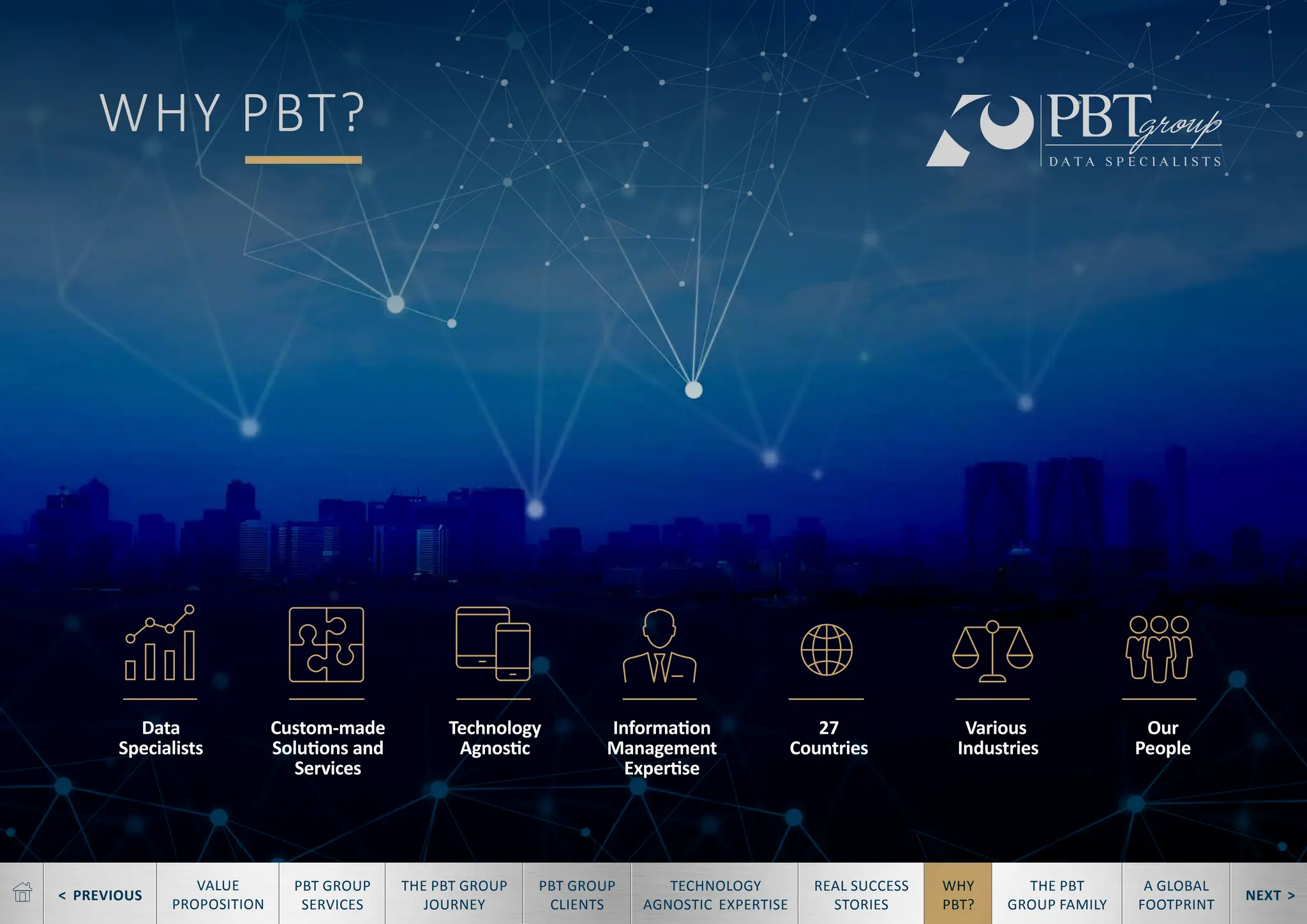 < PREVIOUS NEXT >
TECHNOLOGY
AGNOSTIC EXPERTISE
REAL SUCCESS
STORIES
WHY
PBT?
THE PBT
GROUP FAMILY
A GLOBAL
FOOTPRINT
VALUE
PROPOSITION
PBT GROUP
SERVICES
THE PBT GROUP
JOURNEY
PBT GROUP
CLIENTS
WHY PBT?
Data
Specialists
Custom-made
Solutions and
Services
Technology
Agnostic
Information
Management
Expertise
27
Countries
Various
Industries
Our
People
 