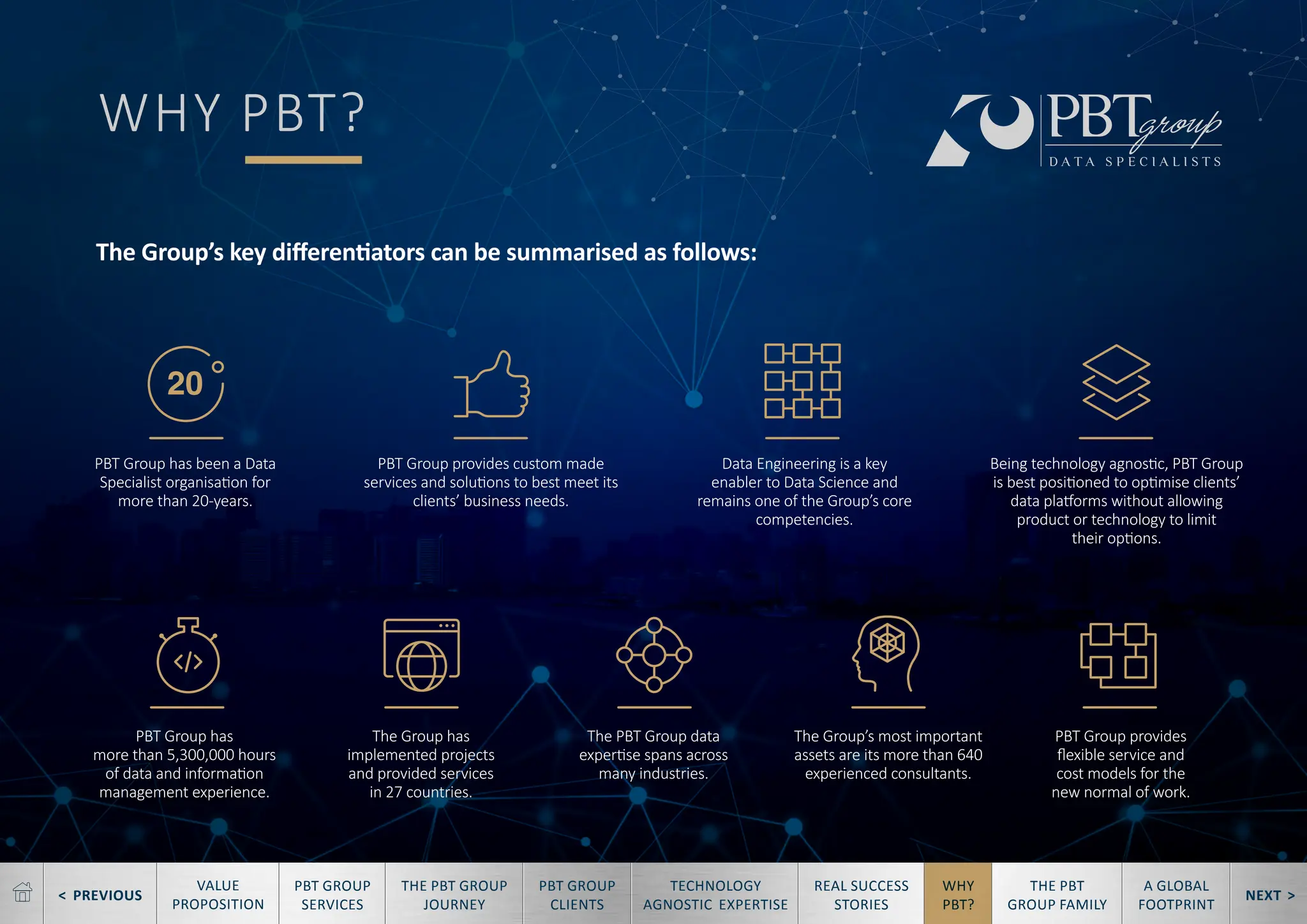 < PREVIOUS NEXT >
TECHNOLOGY
AGNOSTIC EXPERTISE
REAL SUCCESS
STORIES
WHY
PBT?
THE PBT
GROUP FAMILY
A GLOBAL
FOOTPRINT
VALUE
PROPOSITION
PBT GROUP
SERVICES
THE PBT GROUP
JOURNEY
PBT GROUP
CLIENTS
WHY PBT?
The Group’s key differentiators can be summarised as follows:
PBT Group has been a Data
Specialist organisation for
more than 20-years.
PBT Group provides custom made
services and solutions to best meet its
clients’ business needs.
Data Engineering is a key
enabler to Data Science and
remains one of the Group’s core
competencies.
The PBT Group data
expertise spans across
many industries.
The Group has
implemented projects
and provided services
in 27 countries.
PBT Group has
more than 5,300,000 hours
of data and information
management experience.
PBT Group provides
flexible service and
cost models for the
new normal of work.
The Group’s most important
assets are its more than 640
experienced consultants.
Being technology agnostic, PBT Group
is best positioned to optimise clients’
data platforms without allowing
product or technology to limit
their options.
 