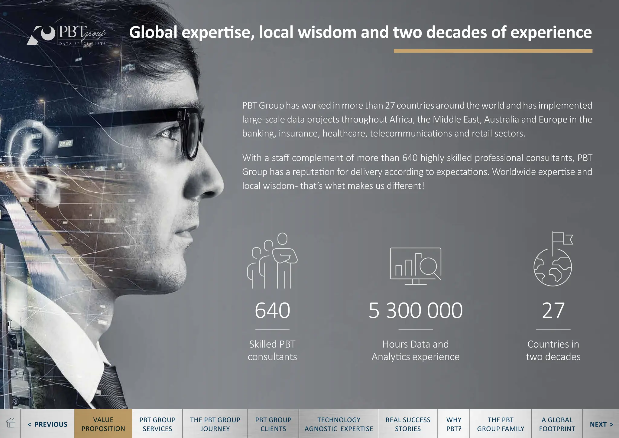 < PREVIOUS NEXT >
TECHNOLOGY
AGNOSTIC EXPERTISE
REAL SUCCESS
STORIES
WHY
PBT?
THE PBT
GROUP FAMILY
A GLOBAL
FOOTPRINT
VALUE
PROPOSITION
PBT GROUP
SERVICES
THE PBT GROUP
JOURNEY
PBT GROUP
CLIENTS
PBTGrouphasworkedinmorethan27countriesaroundtheworldandhasimplemented
large-scale data projects throughout Africa, the Middle East, Australia and Europe in the
banking, insurance, healthcare, telecommunications and retail sectors.
With a staff complement of more than 640 highly skilled professional consultants, PBT
Group has a reputation for delivery according to expectations. Worldwide expertise and
local wisdom- that’s what makes us different!
Global expertise, local wisdom and two decades of experience
Skilled PBT
consultants
640 5 300 000 27
Hours Data and
Analytics experience
Countries in
two decades
 