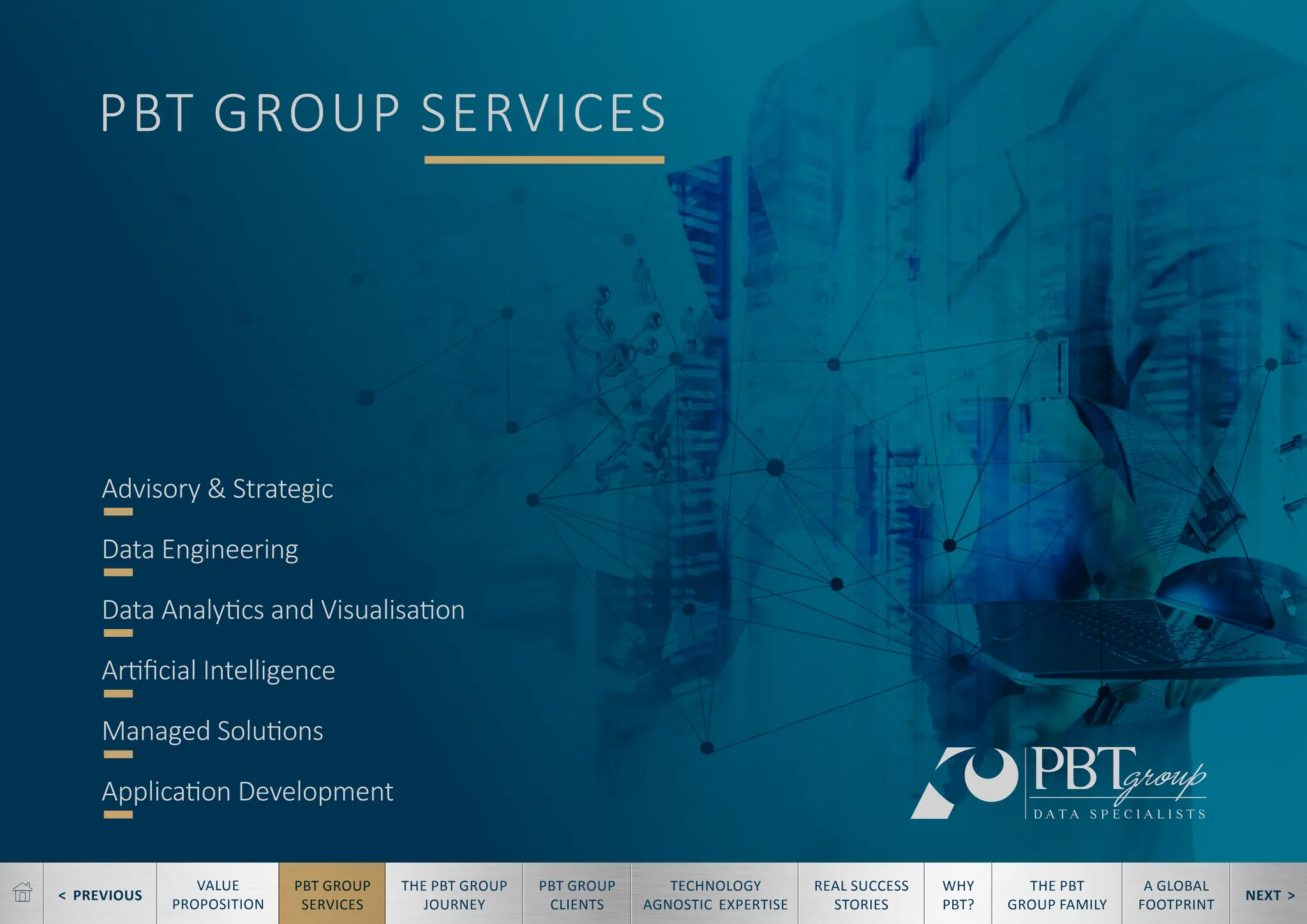 < PREVIOUS NEXT >
TECHNOLOGY
AGNOSTIC EXPERTISE
REAL SUCCESS
STORIES
WHY
PBT?
THE PBT
GROUP FAMILY
A GLOBAL
FOOTPRINT
VALUE
PROPOSITION
PBT GROUP
SERVICES
THE PBT GROUP
JOURNEY
PBT GROUP
CLIENTS
PBT GROUP SERVICES
Advisory & Strategic
Data Engineering
Data Analytics and Visualisation
Artificial Intelligence
Managed Solutions
Application Development
 