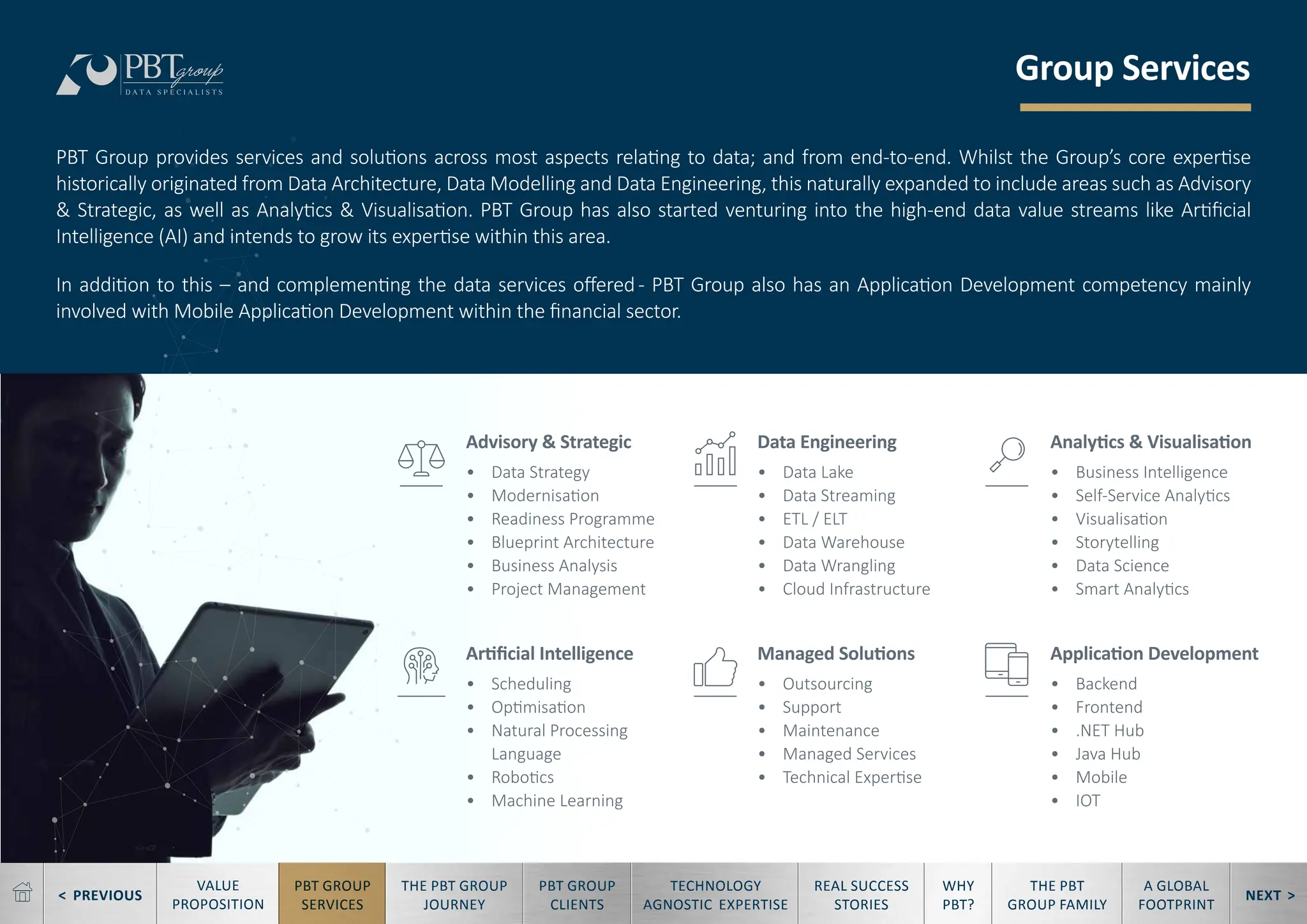 < PREVIOUS NEXT >
TECHNOLOGY
AGNOSTIC EXPERTISE
REAL SUCCESS
STORIES
WHY
PBT?
THE PBT
GROUP FAMILY
A GLOBAL
FOOTPRINT
VALUE
PROPOSITION
PBT GROUP
SERVICES
THE PBT GROUP
JOURNEY
PBT GROUP
CLIENTS
Group Services
PBT Group provides services and solutions across most aspects relating to data; and from end-to-end. Whilst the Group’s core expertise
historically originated from Data Architecture, Data Modelling and Data Engineering, this naturally expanded to include areas such as Advisory
& Strategic, as well as Analytics & Visualisation. PBT Group has also started venturing into the high-end data value streams like Artificial
Intelligence (AI) and intends to grow its expertise within this area.
In addition to this – and complementing the data services offered- PBT Group also has an Application Development competency mainly
involved with Mobile Application Development within the financial sector.
Advisory & Strategic
• Data Strategy
• Modernisation
• Readiness Programme
• Blueprint Architecture
• Business Analysis
• Project Management
Artificial Intelligence
• Scheduling
• Optimisation
• Natural Processing
Language
• Robotics
• Machine Learning
Data Engineering
• Data Lake
• Data Streaming
• ETL / ELT
• Data Warehouse
• Data Wrangling
• Cloud Infrastructure
Managed Solutions
• Outsourcing
• Support
• Maintenance
• Managed Services
• Technical Expertise
Analytics & Visualisation
• Business Intelligence
• Self-Service Analytics
• Visualisation
• Storytelling
• Data Science
• Smart Analytics
Application Development
• Backend
• Frontend
• .NET Hub
• Java Hub
• Mobile
• IOT
 