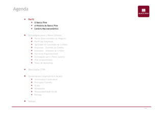 Perfil 
O Banco Pine 
A História do Banco Pine 
Cenário Macroeconômico 
Estratégias para o Novo Cenário 
Novas Oportunidades de Negócio 
Perfil das Empresas 
Agilidade na Concessão de Crédito 
Empresas – Comitês de Crédito 
Empresas – Sistemas de Crédito 
Estrutura Organizacional 
Estratégias para o Novo Cenário 
Agenda 
3/47 
Pine Investimentos 
Plano de Marketing 
Resultados 2T09 
Governança Corporativa e Ações 
Governança Corporativa 
Principais Comitês 
Ações 
Dividendos 
Responsabilidade Social 
Ratings 
Anexos 
 