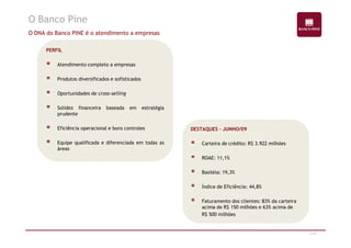 O Banco Pine 
O DNA do Banco PINE é o atendimento a empresas 
PERFIL 
Atendimento completo a empresas 
Produtos diversificados e sofisticados 
Oportunidades de cross-selling 
Solidez financeira baseada em estratégia 
prudente 
5/47 
DESTAQUES – JUNHO/09 
Carteira de crédito: R$ 3.922 milhões 
ROAE: 11,1% 
Basiléia: 19,3% 
Índice de Eficiência: 44,8% 
Faturamento dos clientes: 83% da carteira 
acima de R$ 150 milhões e 63% acima de 
R$ 500 milhões 
Eficiência operacional e bons controles 
Equipe qualificada e diferenciada em todas as 
áreas 
 