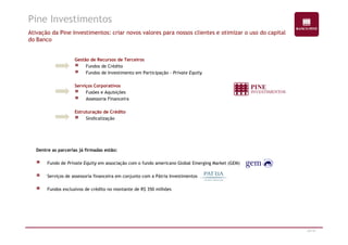 Pine Investimentos 
Ativação da Pine Investimentos: criar novos valores para nossos clientes e otimizar o uso do capital 
do Banco 
Gestão de Recursos de Terceiros 
Fundos de Crédito 
Fundos de Investimento em Participação - Private Equity 
Serviços Corporativos 
Fusões e Aquisições 
Assessoria Financeira 
Estruturação de Crédito 
Sindicalização 
20/47 
Dentre as parcerias já firmadas estão: 
Fundo de Private Equity em associação com o fundo americano Global Emerging Market (GEM) 
Serviços de assessoria financeira em conjunto com a Pátria Investimentos 
Fundos exclusivos de crédito no montante de R$ 350 milhões 
 