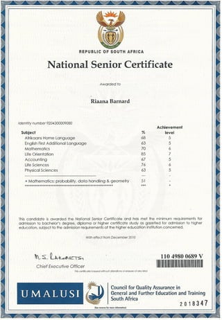 Barnard R Nasionale Senior Sertifikaat