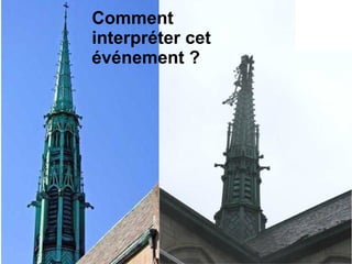 ... la Croix du
clocher, en
place depuis la
construction de
cette église fut
renversée !
Comme si Dieu
disait:
« Il ne sont plus
en mon fils ! »
Comment
interpréter cet
événement ?
 