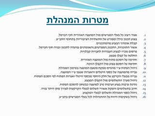 ‫מטרות המנהלת‬
‫1.‬
‫2.‬
‫3.‬
‫4.‬
‫5.‬
‫6.‬
‫7.‬
‫8.‬
‫9.‬
‫01.‬
‫11.‬
‫21.‬
‫31.‬
‫41.‬
‫51.‬
‫61.‬

‫אגוד ויצוג כל בעלי המגרשים מול המועצה האזורית חוף הכרמל.‬
‫בצוע תכנון כולל ומפורט של התשתיות הציבוריות בתחומי התב"ע.‬
‫קבלת אומדני הבצוע מהמתכננים.‬
‫אשור התוכניות, התכנון,המפרטים,והאומדנים בוועדה לתכנון ובניה חוף הכרמל.‬
‫פרסום מכרז לבצוע העבודות לחברות קבלניות.‬
‫החלטה על קבלן מבצע.‬
‫חתימה על הסכם פתוח מול המועצה האזורית.‬
‫חתימה על הסכם בצוע מול הקבלן הזוכה.‬
‫ניהול הפתוח ע"י מהנדס-מפקח מטעם המועצה במימון המנהלת.‬
‫גבייה מהמועצה של כספי היטלים והאגרות שנגבו ע"י המועצה.‬
‫גבייה מבעלי הקרקע של חלק היחסי מכספי היטלי ואגרות הפתוח לפי הסכם הפתוח.‬
‫ניהול מערך התשלומים מול הקבלן המבצע.‬
‫נתינת ערבות בצוע וערבות טיב למועצה כבטחון להסכם הפתוח.‬
‫חיוב בתשלומים והפקת אשורי תשלום לבעלי הקרקעות לצורך מתן היתר בניה.‬
‫ניהול כספי המנהלת ותשלום לבעלי המקצוע.‬
‫ניהול בשקיפות ודווח על ההתנהלות לכל בעלי המגרשים בתב"ע.‬

 