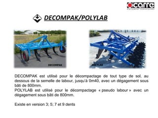 DECOMPAK/POLYLAB DECOMPAK est utilisé pour le décompactage de tout type de sol, au dessous de la semelle de labour, jusqu’à 0m40, avec un dégagement sous bâti de 800mm. POLYLAB est utilisé pour le décompactage « pseudo labour » avec un dégagement sous bâti de 800mm. Existe en version 3; 5; 7 et 9 dents DECOMPAK POLYLAB 