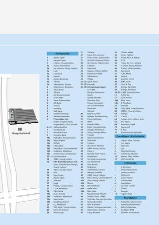 21        Stefanel                        45        Tchibo Kaffee
                        Königstraße                 21        friedo frier, Juwelier          45        Crazy Fashion
               1       Apollo Optik                 21        Foot Locker, Sportschuhe        45        König Pizza & Kebap
               1       Karstadt Sport               21        Air Field (Eingang Stiftstr.)   46        COS
               1       s.Oliver, Young Fashion      22        Hut Hanne, Damenhüte            46        Tizian by Fritz, Schuhe
               1a      Tourist Information          22        Coffreez                        46        s.Oliver, Young Fashion
               1a      my name is, Young Fashion    22        Leerstand                       46        Kutter, Uhren/Juwelen
               1a      Lush                         22        Magnus Villing, Waffen          46        Leerstand
               1a      Leerstand                    22        Kratzmann Optik                 47        C&A Mode
               1b      Hainlin                      22        Tabakwaren                      48        Hussel
               1b      Kamps Backshop               22        Village                         48        Juwelier Christ
               1b      T-Punkt                      23 – 25   Sport Arena                     48        BiBA, DOB
               1b      Salamander, Schuhe           27 – 29   Karstadt                        49        Toni & Guy
               2       Atlas Reisen, Reisebüro      26 – 28   Königsbaupassagen,              49        Europa Apotheke
               2       Tabac Edico                            u. a. mit:                      49        Kamps Backshop
               2       T-Punkt                                Douglas Parfümerie              50 – 52   ZARA, Young Fashion
               2       dm Drogeriemarkt                       Saturn                          51        Tahiti Bar
               3       Yeans Halle                            Olymp Hemden                    51        Grill Station
               3       Tapas Cafeteria Bar                    Deutsche Post                   54a       Boss Store
               3       BW-Bank                                Strauss Innovation              54b       E-Plus/Base
               3       Umbau                                  Tee Geschwendner                56        Promod
               3       Mustang                                Rossmann                        56        Tally Weijl, Young Fashion
               4       Café Lang                              Stilwerk                        58        MEXX, Young Fashion
               4       Schlemmermeyer               29        Roland Schuhe                   60        Mango
               4       Bahnhof Apotheke             30        Wittwer Buchhandlung            62        Castro
               5       Phoenixbau mit:              31        Presto Kaffeebar                64        Snipes street culture store
                       Müller Drogeriemarkt,        31        WMF                             66        Pro Optik
                       Hugendubel, Görtz Schuhe     33        Eckerle, HAKA                   68        Fielmann, Optik
               6 – 10 Galeria Kaufhof               34        Esprit, Young Fashion           70        Leerstand
               7       Hochland Bar                 34        Douglas Parfümerie              70        E-Plus
               7       Bücher & Kunst               35        Orsay, Young Fashion            70        Internationale Apotheke
Hauptbahnhof
               9       Dresdner Bank                35        T-Punkt
                                                                                                  Dorotheen-/Kirchstraße
               10a     Hallhuber, Young Fashion     35        Schloss Parfümerie
               10a     Bijou Brigitte               36        Swarovski                       2         Sigrun Wöhr, Schuhe
               10a     Buffalo                      36        Campus                          2         van Laack
               10a     E-Plus/Base                  37        Shoetown Werdich                2         Marcolis
               10a     Trend Box, Geschenkartikel   38        H&M Young Fashion               2         Sör
               10b     Vodafone, Mobilfunk          38        Claire´s                        4         Merz & Benzing
               10c     United Colors of Benetton    38        Maredo Steak House              8         Schuhhaus Wurster
               11 – 15 Commerzbank                  39        Deichmann                       10        Messer Gebr. Müller
               12      ZARA, Young Fashion          39        Six Mode-Accessoires            10        Hochland Cafe
               12      P&C Bekleidungshaus mit:     40        O2, Mobilfunk
                                                                                                           Stiftstraße
                       Sport Scheck/Esprit/Mango,   40        Yves Rocher
                       Young Fashion                40        Mobilcom                        1         L`Occitane
               14      H&M, Young Fashion           40        Timberland, Schuhe              1         Röckl Handschuhe
               16      Kult                         41        Wempe, Juwelier                           und Accessoires
               16      New Yorker                   42        H&M Young Fashion               1         Uli Knecht
               16      Apollo Optik                 43a       Nanu Nana, Geschenkartikel      2         Louis Vuitton
               17      Sidestep                     43a       Zero, Young Fashion             3         Schumacher
               17      Fossil                       43b       Depot                           4         Montblanc
               17      Pimkie, Young Fashion        43b       O2 Mobilfunk                    5         Juwelier Cartier
               17      L'TUR Reisebüro              43b       H&M Man                         5         Diesel
               18      C&A Mode                     43b       Baby Walz                       5         Lacoste
               19a     Geox Schuhe                  44        Maute Benger Moden              14        Aigner-Shop
               19a     Vodafone, Mobilfunk          44        Swatch Store, Uhren
                                                                                                           Marktplatz
               19a     New Yorker                   44        Tritschler Glas und Porzellan
               19b     Modehaus Fischer             44        Starbucks Coffee                1         Ratskeller, Gastronomie
               20      O2, Mobilfunk                45        Rent a Juwelier                 2         Breitling Herrenmode
               20      Tally Weijl, Young Fashion   45        Allerlei, Schnäppchenmarkt      4         Eilles Schokolade
               20      Görtz 17, Schuhe             45        Salamander, Schuhe              4         Buddelei, DOB
               20      Rena Lange                   45        Lang, Bäckerei                  4         Juwelier Schumacher
 