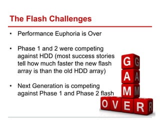 The Flash Challenges
• Performance Euphoria is Over
• Phase 1 and 2 were competing
against HDD (most success stories
tell how much faster the new flash
array is than the old HDD array)
• Next Generation is competing
against Phase 1 and Phase 2 flash
 
