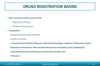 Phr_ali91@hotmail.com
Technical Committees
Registration Board
– Expert Committee on Biological Drugs
– Expert Committee on Veterinary Drugs
Expert Pool for new drug evaluation
– Medical Expert
– Biological Expert
– Pharmaceutical Expert
– Veterinary Expert
Muhammad Ali 29
 