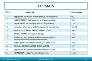 Phr_ali91@hotmail.com
FORMATS
FORM No PURPOSE Rules Applied
11. Application for Import Permit for MD(Clinical analysis) 96/2
12. IMPORT PERMIT (MD’s/component/raw materials) 96/3
13. Import Permit of MD’s (for clinical analysis/ test) - d0 -
14. Intimation of arrival of MD’s/component/raw materials 101/1b
15. Application FORM for EXPORT PERMIT of MD 104/3
16. EXPORT PERMIT for Medical Devices 105/1
17. Application for Export of small quantties of MD for
(Clinical investigation/testing/examination/analysis)
106/1
18. Export permit for small quantities (as shown in 17) 106/3
19. MEDICAL DEVICE REGISTER (MDR)- at MDB 137
20. Application for approval of advertisement of MD’s 140/1
21. PERMISSION to advertise a medical device 140/3
Muhammad Ali 74
 