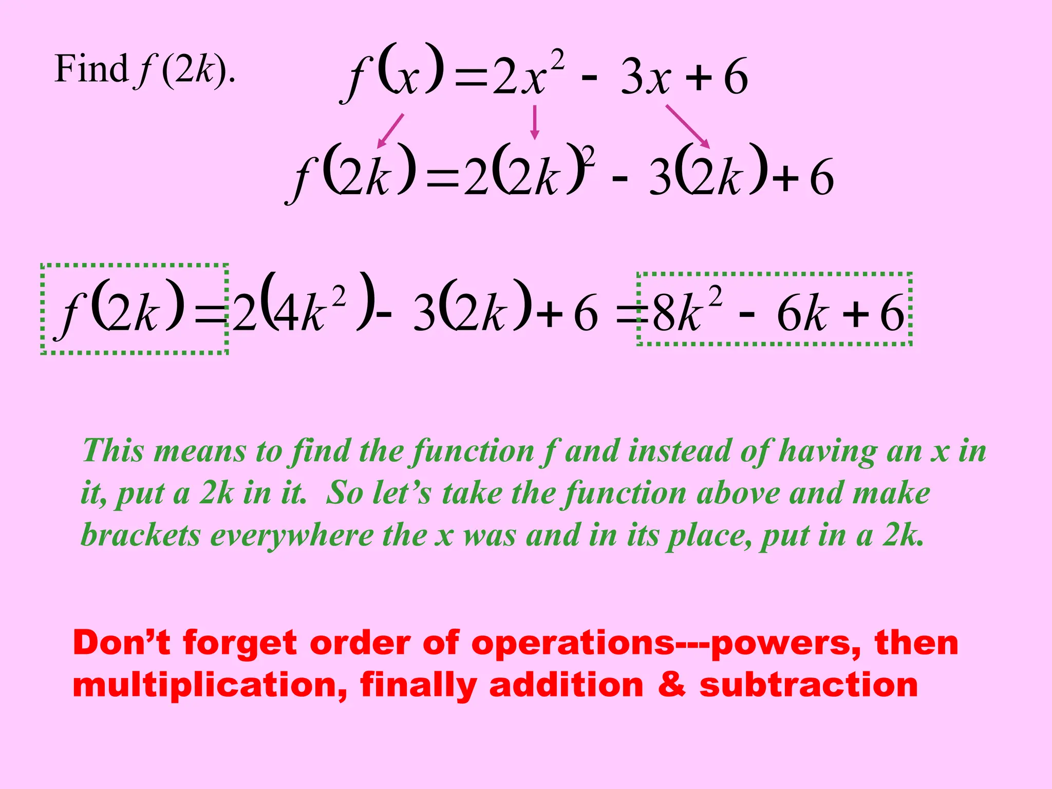   6
3
2 2


 x
x
x
f
Find f (2k).
This means to find the function f and instead of having an x in
it, put a 2k in it. So let’s take the function above and make
brackets everywhere the x was and in its place, put in a 2k.
      6
2
3
2
2
2
2


 k
k
k
f
      6
6
8
6
2
3
4
2
2 2
2





 k
k
k
k
k
f
Don’t forget order of operations---powers, then
multiplication, finally addition & subtraction
 