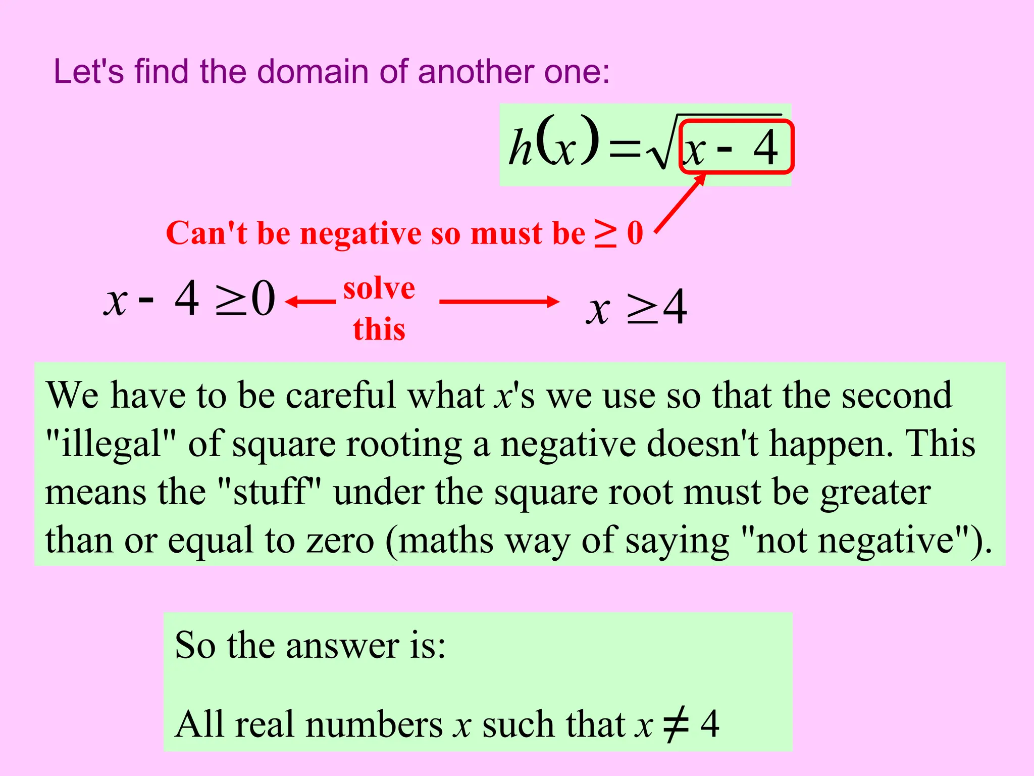 Let's find the domain of another one:
  4

 x
x
h
We have to be careful what x's we use so that the second
"illegal" of square rooting a negative doesn't happen. This
means the "stuff" under the square root must be greater
than or equal to zero (maths way of saying "not negative").
Can't be negative so must be ≥ 0
0
4 

x solve
this 4

x
So the answer is:
All real numbers x such that x ≠ 4
 