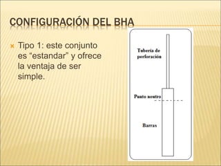 CONFIGURACIÓN DEL BHA
 Tipo 1: este conjunto
es “estandar” y ofrece
la ventaja de ser
simple.
 