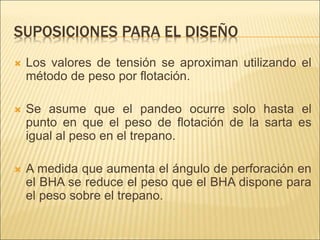 SUPOSICIONES PARA EL DISEÑO
 Los valores de tensión se aproximan utilizando el
método de peso por flotación.
 Se asume que el pandeo ocurre solo hasta el
punto en que el peso de flotación de la sarta es
igual al peso en el trepano.
 A medida que aumenta el ángulo de perforación en
el BHA se reduce el peso que el BHA dispone para
el peso sobre el trepano.
 