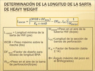 DETERMINACIÓN DE LA LONGITUD DE LA SARTA
DE HEAVY WEIGHT
L HWDP = Longitud mínima de la
sarta de HW (pie)
WOB = Peso máximo sobre la
mecha (lbs)
DF BHA=Factor de diseño para
exceso de longitud BHA
WDC=Peso en el aire de la barra
de perforación(lb/pie)
WHWDP=Peso en el aire de la
tubería HW (lb/pie)
LDC=Longitud de la sección de
barras de perforación
K B = Factor de flotación (tabla
2.14)
Φ= Ángulo máximo del pozo en
el BHA(grados)
 