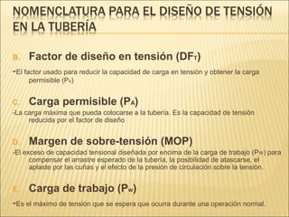 NOMENCLATURA PARA EL DISEÑO DE TENSIÓN
EN LA TUBERÍA
B. Factor de diseño en tensión (DFT)
-El factor usado para reducir la capacidad de carga en tensión y obtener la carga
permisible (PA)
C. Carga permisible (PA)
-La carga máxima que pueda colocarse a la tubería. Es la capacidad de tensión
reducida por el factor de diseño
D. Margen de sobre-tensión (MOP)
-El exceso de capacidad tensional diseñada por encima de la carga de trabajo (PW) para
compensar el arrastre esperado de la tubería, la posibilidad de atascarse, el
aplaste por las cuñas y el efecto de la presión de circulación sobre la tensión.
E. Carga de trabajo (Pw)
-Es el máximo de tensión que se espera que ocurra durante una operación normal.
 