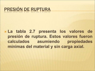 PRESIÓN DE RUPTURA
 La tabla 2.7 presenta los valores de
presión de ruptura. Estos valores fueron
calculados asumiendo propiedades
mínimas del material y sin carga axial.
 