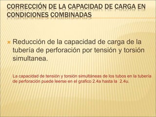 CORRECCIÓN DE LA CAPACIDAD DE CARGA EN
CONDICIONES COMBINADAS
 Reducción de la capacidad de carga de la
tubería de perforación por tensión y torsión
simultanea.
La capacidad de tensión y torsión simultáneas de los tubos en la tubería
de perforación puede leerse en el grafico 2.4a hasta la 2.4u.
 