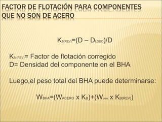 FACTOR DE FLOTACIÓN PARA COMPONENTES
QUE NO SON DE ACERO
KB(REV)=(D – DLODO)/D
KB (REV)= Factor de flotación corregido
D= Densidad del componente en el BHA
Luego,el peso total del BHA puede determinarse:
WBHA=(WACERO x KB)+(Wotro x KB(REV))
 