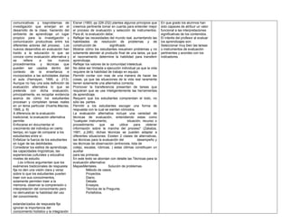 comunicativas y losproblemas de           Eisner (1993, pp 226-232) plantea algunos principios que         En que grado los alumnos han
investigación que emerjan en el           creemos pertinente tomar en cuenta para entender mejor           sido capaces de atribuir un valor
desarrollo de la clase, haciendo del      el proceso de evaluación y selección de instrumentos.            funcional a las interpretaciones
ambiente de aprendizaje un lugar          Para él, la evaluación debe:                                     significativas de los contenidos.
propicio para la investigación y          Reflejar las necesidades del mundo real, aumentando las          El interés del profesor al evaluar
comunicación productivas entre los        habilidades de resolución de problemas y de                      los aprendizajes son:
diferentes actores del proceso. Los       construcción de            significado.                          Seleccionar muy bien las tareas
nuevos desarrollos en evaluación han      Mostrar cómo los estudiantes resuelven problemas y no            o instrumentos de evaluación
traído a la educación lo que se           solamente atender al producto final de una tarea, ya que         pertinentes y acordes con los
conoce como evaluación alternativa y      el razonamiento determine la habilidad para transferir           indicadores.
se      refiere      a   los     nuevos   aprendizaje.
procedimientos y técnicas que             Reflejar los valores de la comunidad intelectual.
pueden ser usados dentro del              No debe ser limitada a ejecución individual ya que la vida
contexto de la enseñanza e                requiere de la habilidad de trabajo en equipo.
incorporados a las actividades diarias    Permitir contar con mas de una manera de hacer las
el aula (Hamayan, 1995, p. 213).          cosas, ya que las situaciones de la vida real raramente
Aunque no hay una sola definición de      tienen solamente una alternativa correcta.
evaluación alternativa lo que se          Promover la transferencia presentan de tareas que
pretende con dicha evaluación,            requieran que se use inteligentemente las herramientas
principalmente, es recopilar evidencia    de aprendizaje.
acerca de cómo los estudiantes            Requerir que los estudiantes comprendan el todo, no
procesan y completan tareas reales        sólo las partes.
en un tema particular (Huerta.Macías,     Permitir a los estudiantes escoger una forma de
1995, p. 9)                               respuesta con la cual se sientan cómodos.
A diferencia de la evaluación             La evaluación alternativa incluye una variedad de
tradicional, la evaluación alternativa    técnicas de evaluación, entendiendo estas como
permite:                                  "cualquier instrumento,                   situación, recurso o
Enfocarse en documentar el                procedimiento       que    se      utilice     para    obtener
crecimiento del individuo en cierto       información sobre la marcha del proceso" (Zabalza,
tiempo, en lugar de comparar a los        1991, p.246); dichas técnicas se pueden adaptar a
estudiantes entre sí.                     diferentes situaciones. Existen 2 clases de alternativas,
Enfatizar la fuerza de los estudiantes    las técnicas para la evaluación del              desempeño y
en lugar de las debilidades.              las técnicas de observación (entrevista, lista de
Considerar los estilos de aprendizaje,    cotejo, escalas, rúbricas, ) estas últimas constituyen un
las capacidades lingüísticas, las         auxiliar
experiencias culturales y educativa       para las primeras.
niveles de estudio.                       En este texto se abordan con detalle las Técnicas para la
     Los críticos argumentan que los      evaluación alternativa:
exámenes tradicionales de respuesta       MapasMentales.            Solución de problemas.
fija no den una visión clara y veraz                Método de casos.
sobre lo que los estudiantes pueden                 Proyectos.
traer con sus conocimientos,                        Diario.
solamente permiten traer a la                       Debate.
memoria, observar la comprensión o                  Ensayos.
interpretación del conocimiento pero                Técnica de la Pregunta.
no demuestran la habilidad del uso                  Portafolios.
del conocimiento.

estandarizados de respuesta fija
ignoran la importancia del
conocimiento holístico y la integración
 