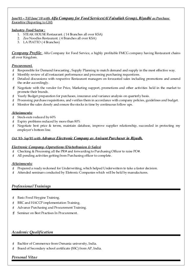 resume for purchase manager