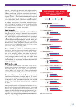 11
prospectivaprospectiva
superior a la inflación de 5% del año 2012, pero sin lograr re-
cuperar los niveles registrados previo a la crisis. La cantidad de
prendas adquiridas es menor que en los países desarrollados,
sin embargo, los márgenes de ganancia son mayores a los de
Europa Occidental y es por este motivo que el mercado se hace
más atractivo para las empresas internacionales y locales, las
cuales abren nuevas tiendas y amplían sus líneas de productos.
En un futuro se prevé que los consumidores se mantengan sensi-
bles al precio, ya que los ingresos se mantienen por debajo de los
registrados por países desarrollados. Así, el ratio calidad/precio
será fundamental en el momento de la compra.
Oportunidades
Un segmento importante en el mercado ruso de prendas es la
ropa para niños, que se fortalece debido a las políticas guberna-
mentales aplicadas en los últimos dos años para incrementar la
tasa de natalidad. El aumento del número de niños, así como del
ingreso disponible de la población, ha motivado que las tiendas
cuenten con colecciones infantiles. Así, en esta línea de ropa des-
taca la cadena regional Detskiy Mir Group y Gloria Jeans. Dets-
kiy Mir Group es la más grande tienda minorista en Rusia para
este segmento, mientras que Gloria Jeans es una marca minorista
para adultos jóvenes, adolescentes y niños.
Rusia es también un mercado con interesantes perspectivas
para la ropa deportiva, si se considera que este país será el anfi-
trión de los XXII Juegos Olímpicos de Invierno en Sochi, en 2014,
y de la Copa Mundial de Fútbol de 2018. Aunque las marcas in-
ternacionales continuarán dominando el mercado, las locales
como Sportmaster y Bosco podrían tener éxito en esta ardua
competencia. Se espera que ingresen más marcas extranjeras,
aunque también que las locales se fortalezcan y eso genere una
mayor competencia.
Distribuciónrusa
La distribución de las prendas de vestir está en proceso de cam-
bio. Las modernas cadenas de especialistas minoristas se expan-
den por todo el país, con tiendas propias o franquicias. La parti-
cipación de este grupo alcanzó el 29% en 2012, dos puntos por
encima del porcentaje en 2007 y se espera que continúe creciendo.
En este contexto, las marcas locales han tenido que aprender de
las extranjeras y mejorar su sistema de negocios. Las franqui-
cias promueven su crecimiento mediante diferentes formatos,
tales como Sela y Kira Plastinina. Distribuidores como Maratex
Group y Melon Fashion Group continúan abriendo más puntos
de venta.
Por su parte, las ventas en línea presentan problemas para una ma-
yor expansión pues los compradores preﬁeren pagar al contado, hay
demoras en las entregas y el ancho de banda es limitado en buena
parte del territorio. Asimismo, los consumidores de las marcas pre-
mium preﬁeren la interacción con empleados de una tienda física.
Aun así las redes sociales locales Vkontakte y Odnoklasniki son ca-
nales importantes para la promoción.
Confecciones de punto
T-shirts de algodón
Suéteres sintéticos
Suéteres de algodón
Medias sintéticas
T-shirts sintéticos
Vestidos sintéticos
2.557
2.649
3.331
313
382
413
275
251
370
329
289
361
143
148
195
100
109
139
83
85
97
57
63
96
56
72
87
50
61
76
Medias y similares de algodón
Prendas para bebé de algodón
Pantalones de algodón de damas
2010 2011 2012
Rusia: principales importaciones
de confecciones de punto
(millones de US$)
Fuente: Customs Commi ee of Russia.
 