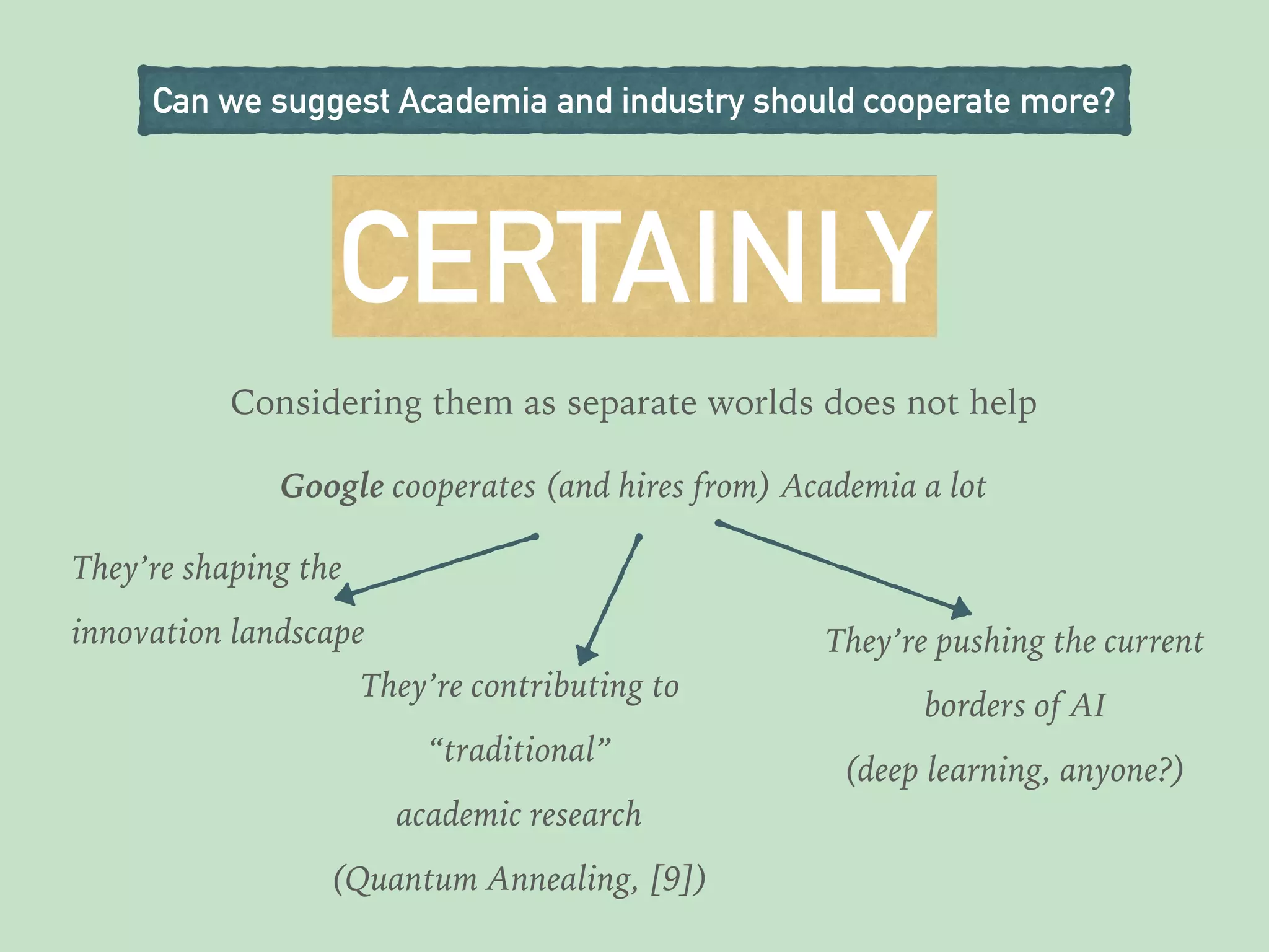 Can we suggest Academia and industry should cooperate more?
CERTAINLY
Google cooperates (and hires from) Academia a lot
They’re shaping the
innovation landscape
Considering them as separate worlds does not help
They’re contributing to
“traditional”
academic research
(Quantum Annealing, [9])
They’re pushing the current
borders of AI
(deep learning, anyone?)
 