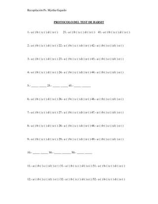 Recopilación Ps. Myrtha Gajardo
PROTOCOLO DEL TEST DE BARSIT
1.- a ( ) b ( ) c ( ) d ( ) e ( ) 21.- a ( ) b ( ) c ( ) d ( ) e ( ) 41.- a ( ) b ( ) c ( ) d ( ) e ( )
2.- a ( ) b ( ) c ( ) d ( ) e ( ) 22.- a ( ) b ( ) c ( ) d ( ) e ( ) 42.- a ( ) b ( ) c ( ) d ( ) e ( )
3.- a ( ) b ( ) c ( ) d ( ) e ( ) 23.- a ( ) b ( ) c ( ) d ( ) e ( ) 43.- a ( ) b ( ) c ( ) d ( ) e ( )
4.- a ( ) b ( ) c ( ) d ( ) e ( ) 24.- a ( ) b ( ) c ( ) d ( ) e ( ) 44.- a ( ) b ( ) c ( ) d ( ) e ( )
5.- _____ _____ 25.- _____ _____ 45.- _____ ______
6.- a ( ) b ( ) c ( ) d ( ) e ( ) 26.- a ( ) b ( ) c ( ) d ( ) e ( ) 46.- a ( ) b ( ) c ( ) d ( ) e ( )
7.- a ( ) b ( ) c ( ) d ( ) e ( ) 27.- a ( ) b ( ) c ( ) d ( ) e ( ) 47.- a ( ) b ( ) c ( ) d ( ) e ( )
8.- a ( ) b ( ) c ( ) d ( ) e ( ) 28.- a ( ) b ( ) c ( ) d ( ) e ( ) 48.- a ( ) b ( ) c ( ) d ( ) e ( )
9.- a ( ) b ( ) c ( ) d ( ) e ( ) 29.- a ( ) b ( ) c ( ) d ( ) e ( ) 49.- a ( ) b ( ) c ( ) d ( ) e ( )
10.- _____ _____ 30.- _____ ______ 50.- _____ _____
11.- a ( ) b ( ) c ( ) d ( ) e ( ) 31.- a ( ) b ( ) c ( ) d ( ) e ( ) 51.- a ( ) b ( ) c ( ) d ( ) e ( )
12.- a ( ) b ( ) c ( ) d ( ) e ( ) 32.- a ( ) b ( ) c ( ) d ( ) e ( ) 52.- a ( ) b ( ) c ( ) d ( ) e ( )
 