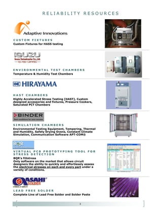 3
V I R T U A L P C B P R O T O T Y P I N G T O O L F O R
S T R E S S D E T E C T I O N
BQR’s fiXstress
Only software on the market that allows circuit
designers the ability to quickly and effortlessly assess
the electrical stresses on each and every part under a
variety of conditions.
L E A D F R E E S O L D E R
Complete Line of Lead Free Solder and Solder Paste
R E L I A B I L I T Y R E S O U R C E S
E N V I R O N M E N T A L T E S T C H A M B E R S
Temperature & Humidity Test Chambers
C U S T O M F I X T U R E S
Custom Fixtures for HASS testing
H A S T C H A M B E R S
Highly Accelerated Stress Testing [HAST], Custom
designed accessories and fixtures, Pressure Cookers,
Saturated PCT Chambers
S I M U L A T I O N C H A M B E R S
Environmental Testing Equipment, Tempering, Thermal
and Humidity, Safety Drying Ovens, Constant Climate
Simulation, Communication Software APT-COM®
 