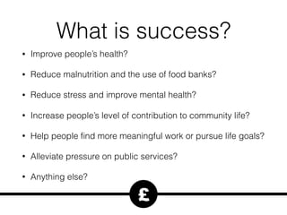 What is success?
• Improve people’s health?
• Reduce malnutrition and the use of food banks?
• Reduce stress and improve mental health?
• Increase people’s level of contribution to community life?
• Help people ﬁnd more meaningful work or pursue life goals?
• Alleviate pressure on public services?
• Anything else?
£
 