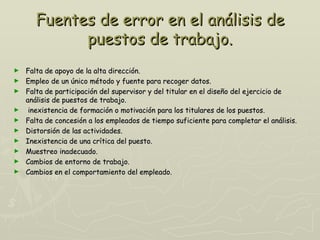 Fuentes de error en el análisis de
             puestos de trabajo.
►   Falta de apoyo de la alta dirección.
►   Empleo de un único método y fuente para recoger datos.
►   Falta de participación del supervisor y del titular en el diseño del ejercicio de
    análisis de puestos de trabajo.
►    inexistencia de formación o motivación para los titulares de los puestos.
►   Falta de concesión a los empleados de tiempo suficiente para completar el análisis.
►   Distorsión de las actividades.
►   Inexistencia de una crítica del puesto.
►   Muestreo inadecuado.
►   Cambios de entorno de trabajo.
►   Cambios en el comportamiento del empleado.
 
