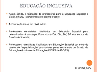  Assim sendo, a formação de professores para a Educação Especial o
Brasil, em 2001 apresentava o seguinte quadro:
 1. Formação inicial em nível médio
 Professores normalistas habilitados em Educação Especial para
determinadas áreas específicas, como DA, DM, DV, DF nos cursos de
Estudos Adicionais;
 Professores normalistas habilitados em Educação Especial por meio de
cursos de “especialização” promovidos pelas secretarias de Estado de
Educação e Institutos de Educação (INES/RJ e IBC/RJ)
EDUCAÇÃO INCLUSIVA
ALMEIDA,2004
 