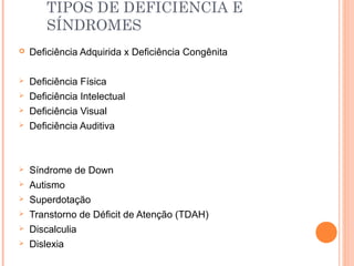 TIPOS DE DEFICIÊNCIA E
SÍNDROMES
 Deficiência Adquirida x Deficiência Congênita
 Deficiência Física
 Deficiência Intelectual
 Deficiência Visual
 Deficiência Auditiva
 Síndrome de Down
 Autismo
 Superdotação
 Transtorno de Déficit de Atenção (TDAH)
 Discalculia
 Dislexia
 