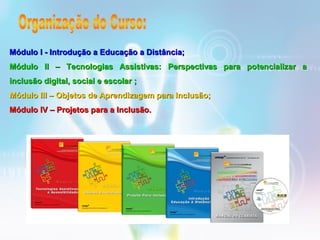 Módulo I - Introdução a Educação a Distância;Módulo I - Introdução a Educação a Distância;
Módulo II – Tecnologias Assistivas:Módulo II – Tecnologias Assistivas: Perspectivas para potencializar aPerspectivas para potencializar a
inclusão digital, social e escolarinclusão digital, social e escolar ;;
Módulo III – Objetos de Aprendizagem para Inclusão;Módulo III – Objetos de Aprendizagem para Inclusão;
Módulo IV – Projetos para a Inclusão.Módulo IV – Projetos para a Inclusão.
 