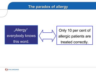 The paradox of allergy
The paradox of allergy
„Allergy“
everybody knows
this word.
Only 10 per cent of
allergic patients are
treated correctly.
 