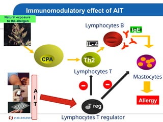 Immunomodulatory effect of AIT
CPA Th2
Mastocytes
IgE
Allergy
IL- 4
Natural exposure
to the allergen
Lymphocytes T
Lymphocytes B
A
I
T T reg
Lymphocytes T regulator
 