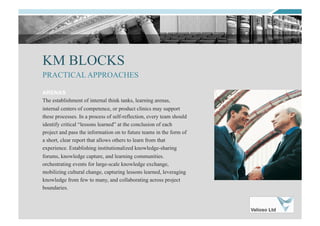 KM BLOCKS
ARENAS
The establishment of internal think tanks, learning arenas,
internal centers of competence, or product clinics may support
these processes. In a process of self-reflection, every team should
identify critical “lessons learned” at the conclusion of each
project and pass the information on to future teams in the form of
a short, clear report that allows others to learn from that
experience. Establishing institutionalized knowledge-sharing
forums, knowledge capture, and learning communities.
orchestrating events for large-scale knowledge exchange,
mobilizing cultural change, capturing lessons learned, leveraging
knowledge from few to many, and collaborating across project
boundaries.
PRACTICAL APPROACHES
 