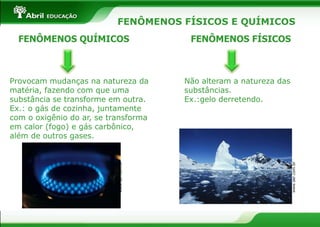 FENÔMENOS FÍSICOS E QUÍMICOS
FENÔMENOS QUÍMICOS FENÔMENOS FÍSICOS
Provocam mudanças na natureza da
matéria, fazendo com que uma
substância se transforme em outra.
Ex.: o gás de cozinha, juntamente
com o oxigênio do ar, se transforma
em calor (fogo) e gás carbônico,
além de outros gases.
Não alteram a natureza das
substâncias.
Ex.:gelo derretendo.
www.ser.com.br
www.ser.com.br
 