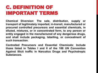 C. DEFINITION OF
IMPORTANT TERMS
Chemical Diversion: The sale, distribution, supply or
transport of legitimately imported, in-transit, manufactured or
procured controlled precursors and essential chemicals, in
diluted, mixtures, or in concentrated form, to any person or
entity engaged in the manufactured of any dangerous drugs,
and shall include packaging, labelling, or concealment of
such transaction.
Controlled Precursors and Essential Chemicals: Include
those listed in Tables I and II of the 188 UN Convention
Against Illicit traffic in Narcotics Drugs and Psychotropic
Substances.
 